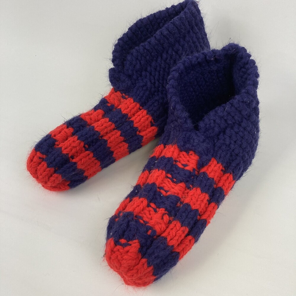 VTG Handmade Warm Crochet Knit Adult Slipper Booties Socks House Shoe Red & Blue
